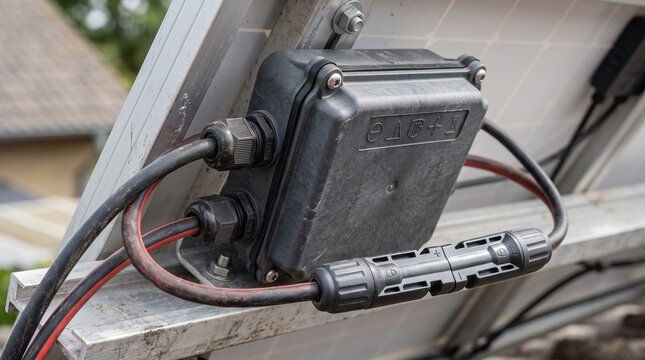 Solar panel junction box with electrical wiring connections.