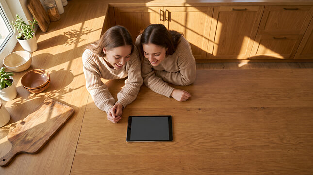 Two women lying on wooden floor laughing while viewing tablet together