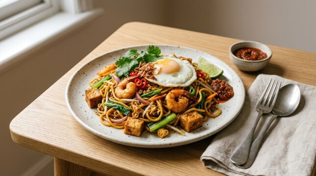A plate of Mee Rebus with prawns, vegetables, and a fried egg on a wooden table with a window in the background.