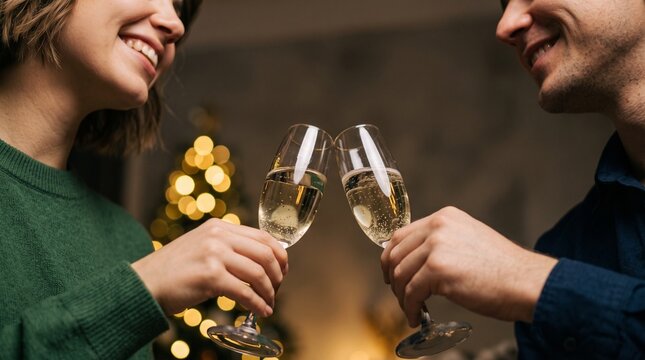 Close up of romantic couple clinking champagne glasses during Christmas celebration at home. Man and woman making holiday toast with bokeh lights background for New Year festive banner.