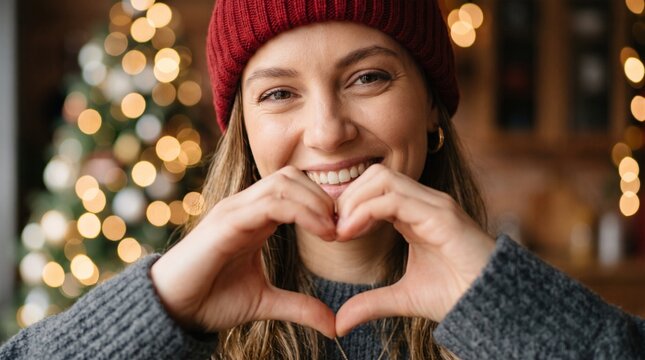 Close up of happy young woman in red beanie making heart sign with hands near Christmas tree. Beautiful smiling female showing love gesture during winter holiday celebration in home interior.
