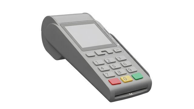 Professional payment terminal with colorful buttons on white background