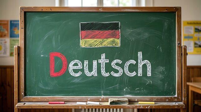 Educational chalkboard with the German flag and 'Deutsch' text, symbolizing the journey of learning the German language