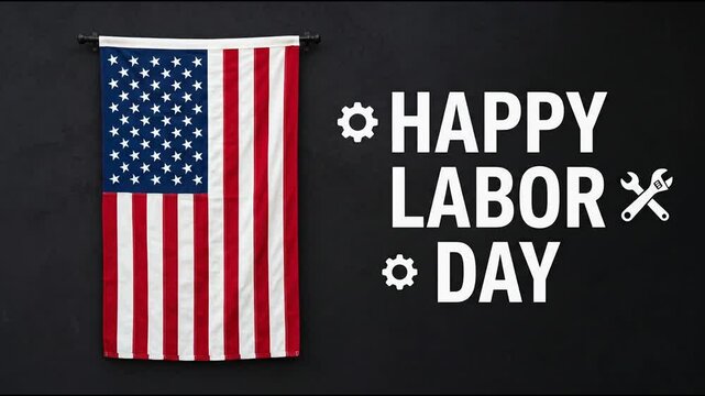 Happy Labor Day text animation with USA flag against black background