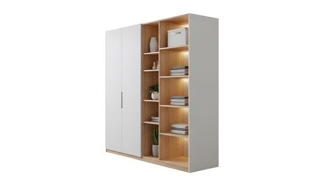 Modern wooden wardrobe with integrated lighting and open shelving