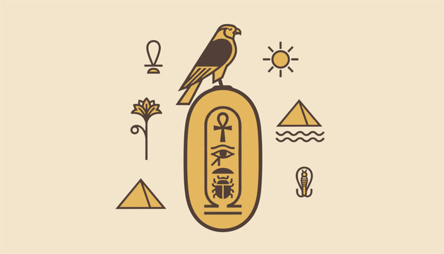 Ancient Egyptian hieroglyphics vector design set featuring cartouche, falcon god Horus, pyramids, sun, and symbols.