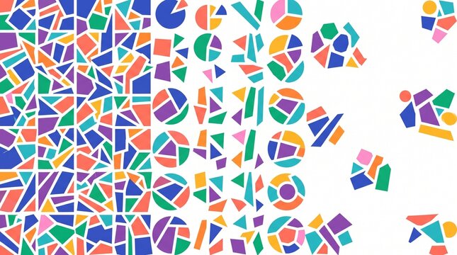 Colorful geometric mosaic pattern design featuring various fragmented pie charts and abstract polygon shapes arranged on a clean white background for modern creative digital marketing projects