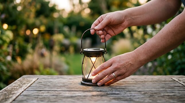Hands gently placing a charming solar-powered lantern on a weathered wooden garden table, creating a warm, inviting glow for an evening ambiance