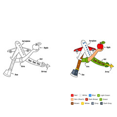 Naklejka premium Coloring page featuring an airplane apple ant axe arm and arrow illustration