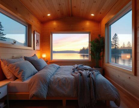 Cozy bedroom interior inside tiny house on wheels features warm wood walls, ceiling. Large windows offer scenic lake view at sunset time. Modern bed with soft linen bedding creates relaxing space.