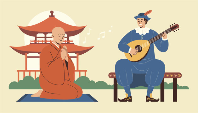 Serene Buddhist monk prays in front of an ancient temple pagoda while a medieval minstrel plays a lute nearby.