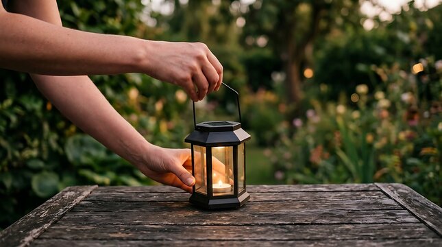 Cozy outdoor evening scene with a glowing lantern being placed on a rustic wooden garden table