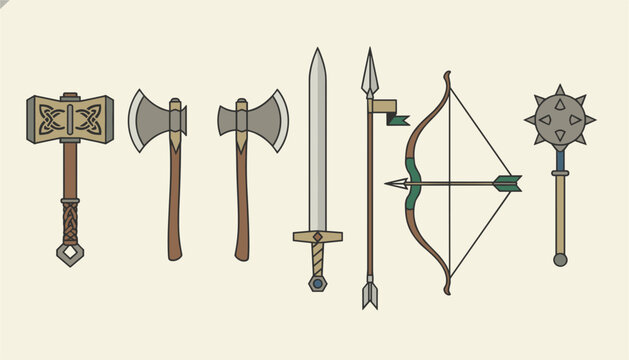 Collection of classic medieval weapons including battle axes, sword, spear, bow with arrow, steel hammer, and mace on a light background.