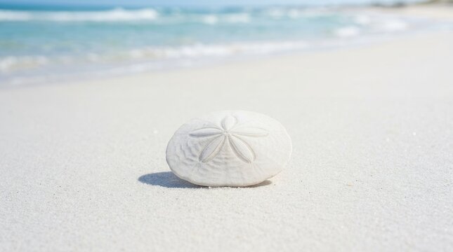A single sand dollar rests on a pristine white sandy beach with gentle ocean waves in the background.