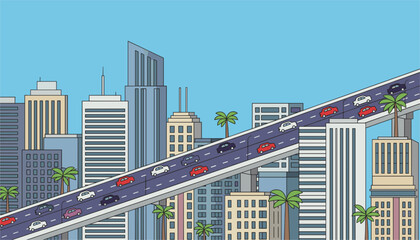 Fototapeta premium Busy elevated highway with colorful cars weaving through a modern city skyline with skyscrapers and palm trees under a clear blue sky.