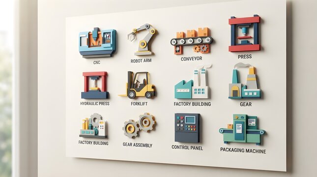 Industrial automation workshop icon board with robotic arm, conveyor, factory tools, smart control screen, worker helmet, forklift, machine modules, storage rack, and programming workflow symbols for 
