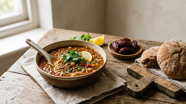A bowl of lentil soup with a spoon, garnished with lemon and herbs, on a rustic wooden table with a loaf of bread and a bowl of dates in the background.
