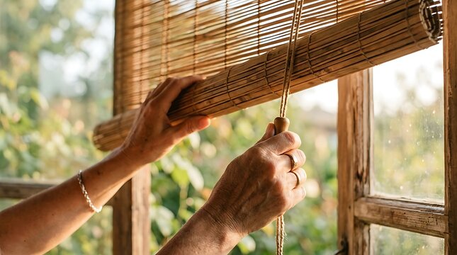 Person's hands gently adjusting a bamboo window blind to let in natural sunlight, creating a peaceful ambiance