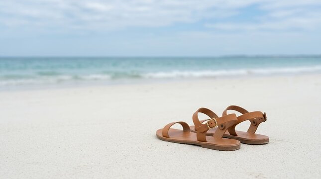 Brown leather sandals resting on a white sandy beach with the ocean in the background.