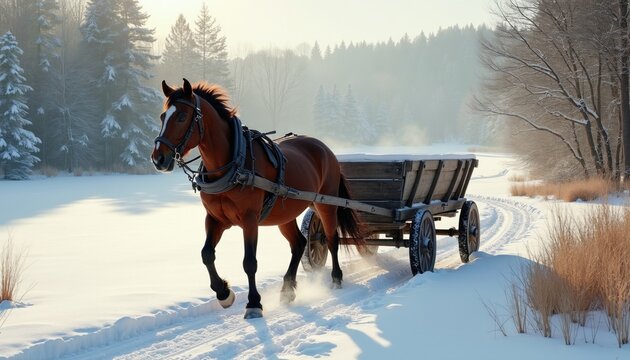 Brown horse pulls old wooden cart through deep snow on winter path. Rural transport scene features equine animal with leather harness in cold forest landscape. Tall pine trees stand in background as