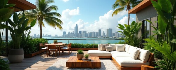 Fototapeta premium Modern rooftop terrace in Miami features wooden furniture white sofa dining set, tropical plants. Scenic city skyline views overlook calm blue water under sunny sky. Stylish outdoor lounge area