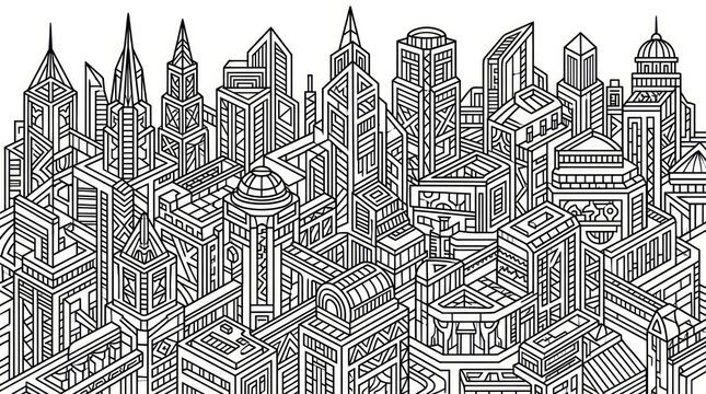 Abstract Isometric Cityscape Outline - Futuristic Urban Architecture Drawing
