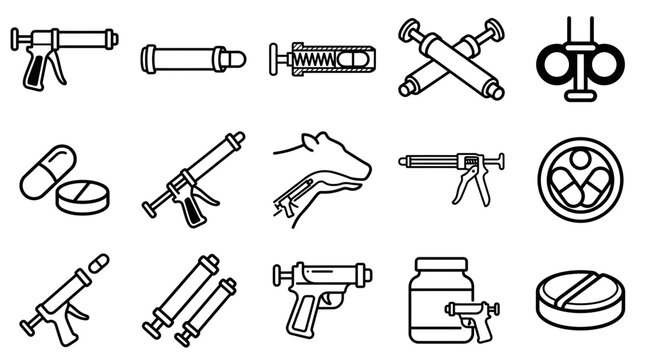 Veterinary drench gun and animal medication icon set for livestock health and pharmaceutical care