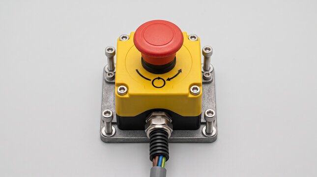 Industrial emergency stop button for machine safety control system.