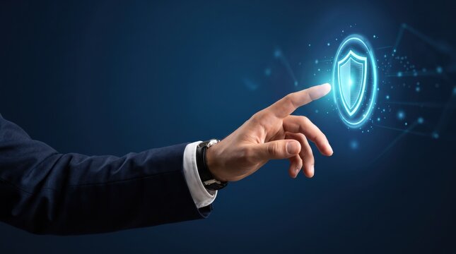 Hand touching glowing blue digital security shield icon, cybersecurity protection concept with network nodes and data encryption visualization