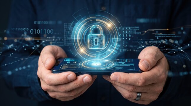 Hands holding smartphone displaying holographic cyber security padlock icon, digital data protection and privacy encryption technology with binary code for secure mobile access