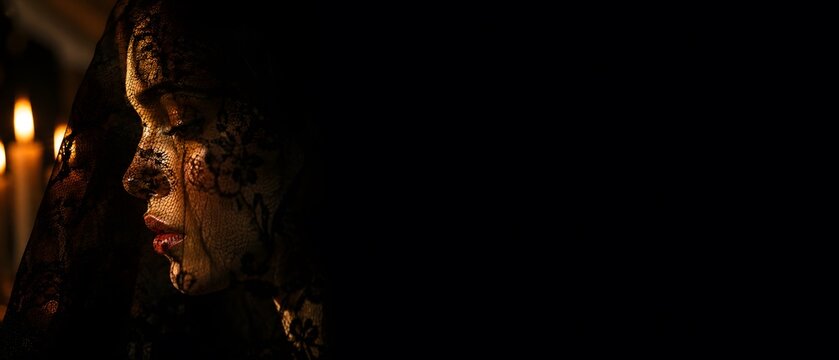 Close up profile of beautiful young woman face covered in black lace veil mantilla under warm candle lighting, luxury gothic fashion and dark moody conceptual fine art with large copy space