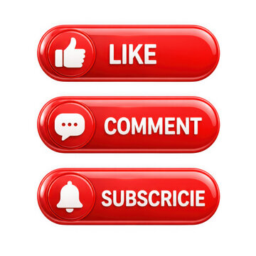 3d glossy red social media buttons with like, comment and subscribe icons isolated on transparent background