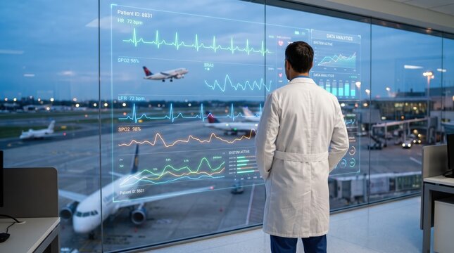 Doctor analyzing medical data on transparent screen at airport terminal, futuristic healthcare technology, remote monitoring of patient vitals, digital interface with graphs