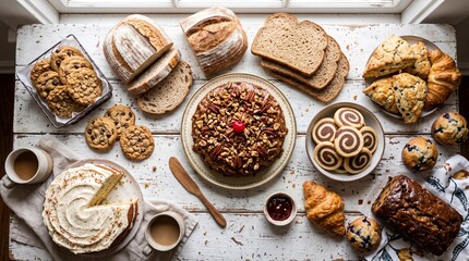 Fototapeta premium Top-down overhead of a rustic wooden table laden with assorted baked goods, round nut and cherry cake center, frosted cake with slice removed, coffee cups, cinnamon rolls, croissant, scones, muffins, 