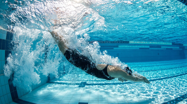 Female swimmer in black swimsuit, with water bubbles and splash trails, diving underwater, in a tiled indoor pool, aquatic sports photography