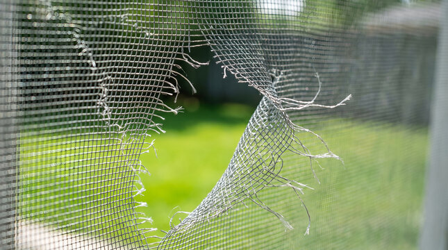 Damaged insect window screen mesh, with large torn hole and frayed fibers, displaying tear damage, against blurred green yard background, house repair detail photography