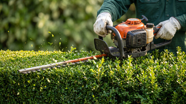 Professional male gardener in work uniform, gasoline power hedge trimmer cutting foliage, trimming green boxwood hedge, in sunny backyard garden, landscaping service photography