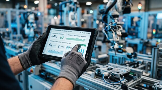 Industrial worker using tablet to control automated machinery, smart factory and industry 4.0, manufacturing process monitoring, IoT technology in production line