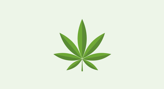Minimalist flat vector illustration of a green cannabis leaf on a light background.