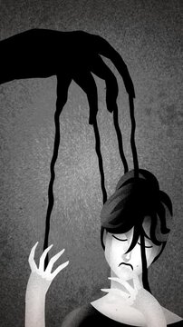 woman controlled like a puppet by a manipulator's hand