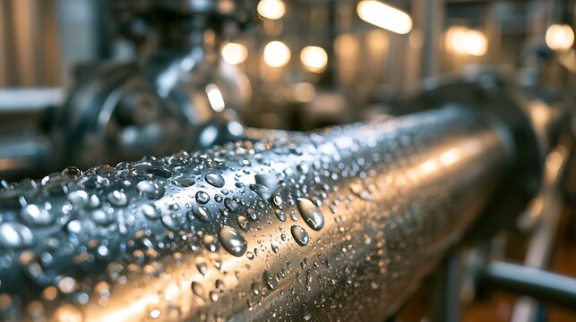 Close up of water condensation drops on industrial metal pipe.