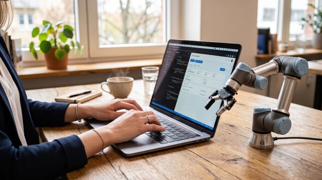 Woman typing on laptop computer with small desktop robot assistant nearby in home office, depicting remote work lifestyle and personal AI helper technology for daily productivity