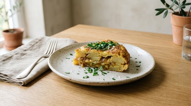 A slice of potato omelette with chives on a rustic ceramic plate on a wooden table with a beige napkin and a glass of water.