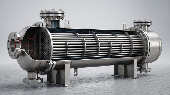 Shell and tube heat exchanger industrial engineering equipment component.