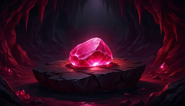 Glowing red ruby crystal in dark cave, mystical crimson gemstone on stone pedestal, magical fantasy jewel in underground cavern