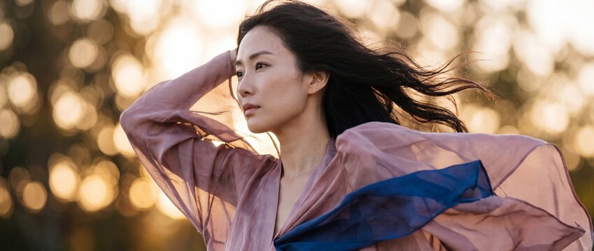 Korean woman in flowing sheer silk kimono during golden hour light