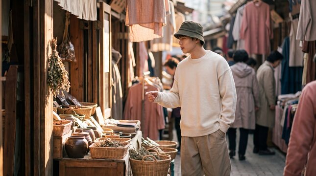 Young man exploring an authentic Asian market passage during golden hour.