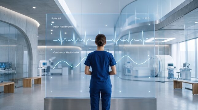 Female nurse in blue scrubs observing futuristic holographic display of heart rate rhythm and continuous health index in advanced medical facility with MRI scanner background.