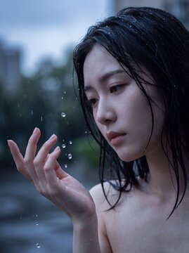 East Asian woman facing rain while extending hand in melancholy contemplation