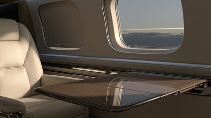 Naklejka premium Luxurious modern interior of private business jet with folded wooden table next to soft beige leather seat adjacent to airplane window with view of cloudy sky
